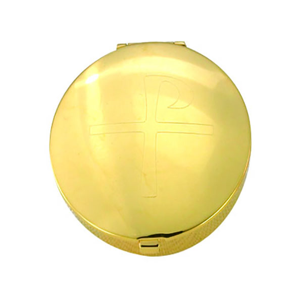 Church Supplies: This is a 24 Kt Gold Plate Pyx with a simple Chi Rho Cross Design Engraved on Lid and a 6 host capacity by Alviti Creations 2215G Made in USA, this Pyx measures 1-5/8 x 1/2" and has a gold satin finish inside.