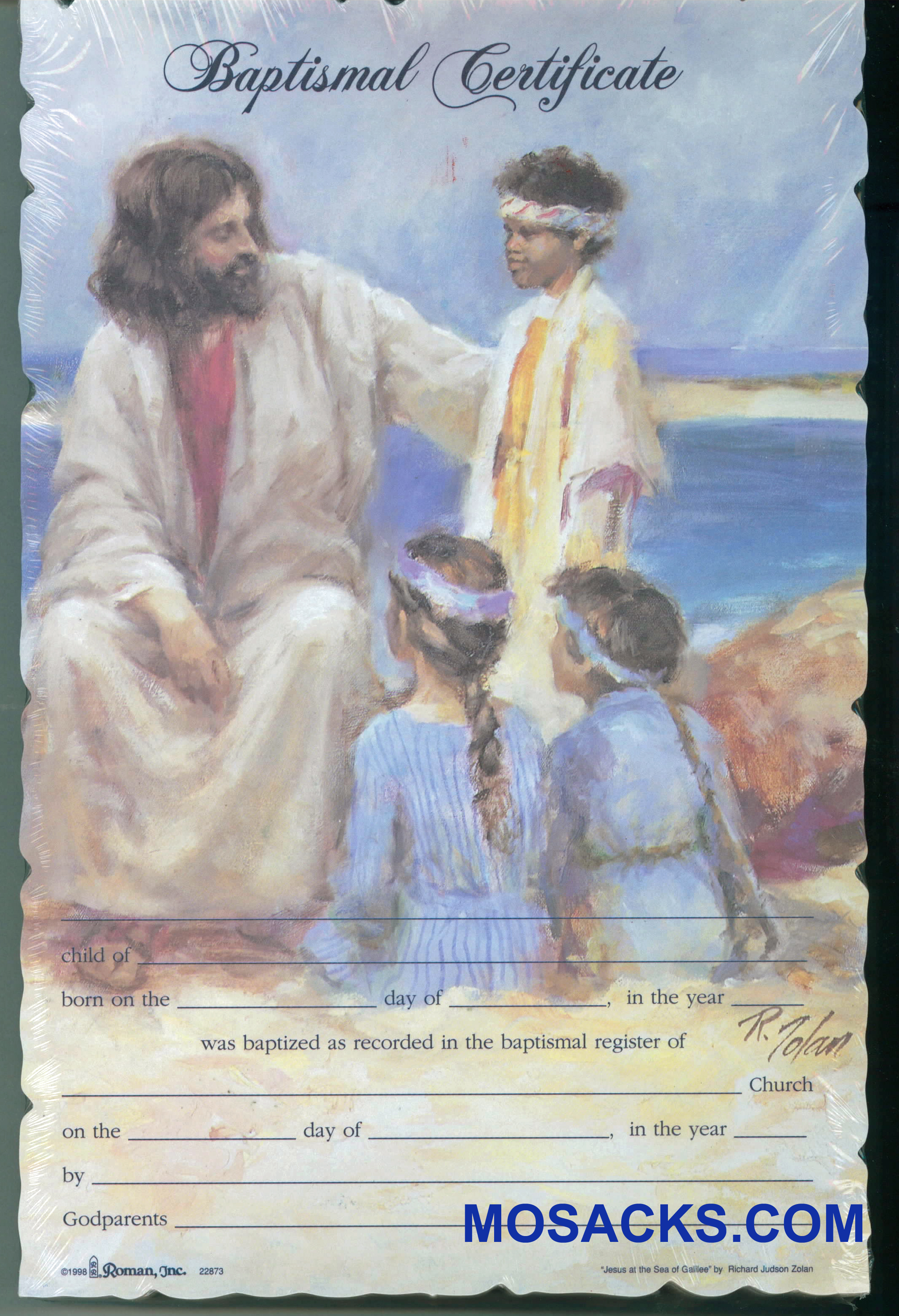 Baptismal Certificate Jesus With Children by R. Zolan 6-3/4" x 10-1/4" full color 20 - 22873