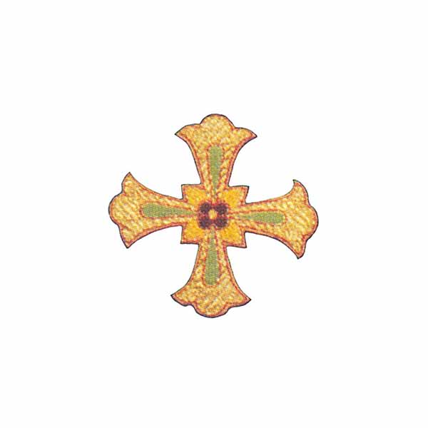 Hand Embroidered Gold Metallic Beau Veste Applique Cross 10-1660 is 4" x 4"