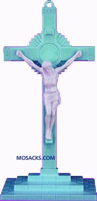 Blue and White 6 Inch Sunburst Plastic Crucifix with Base 185-763BW-B