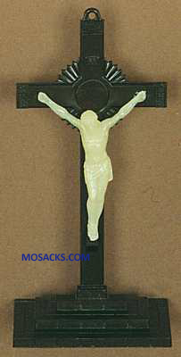 Brown and Luminous 6 Inch Sunburst Plastic Crucifix with Base 185-763LCB