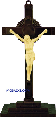 Brown and Tan 6 Inch Sunburst Plastic Crucifix with Base 185-763B