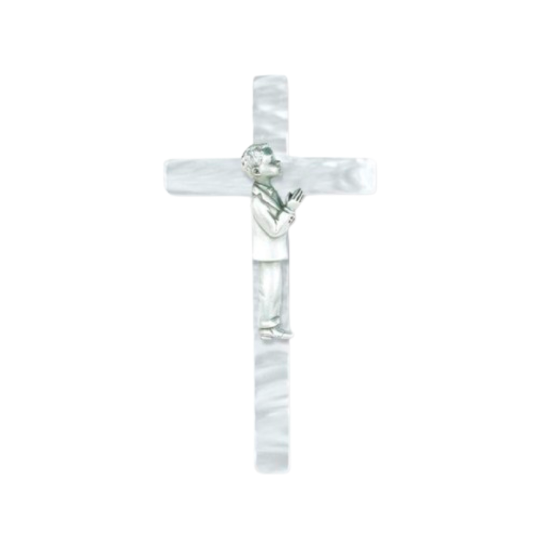 Communion 7" Pearlized White Cross with Pewter (Boy)