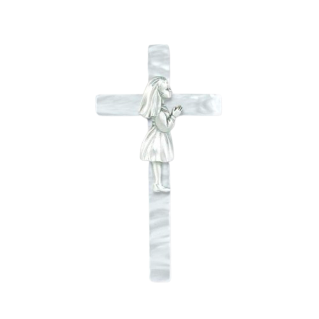 Communion 7" Pearlized White Cross with Pewter (Girl)