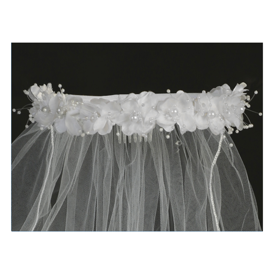 Communion 30" Veil with Flowers And Pearl accents-T-4 First Holy Communion 30" Veil with Flowers and Pearl Accents  T-4