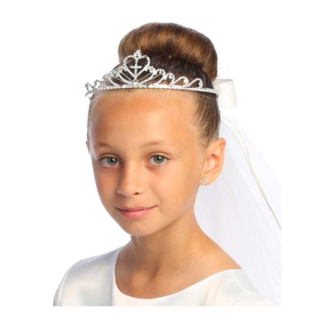 Communion 24" Veil on Rhinestone Tiara with satin bow at the back-T-82 First Holy Communion 24" Veil on Rhinestone Tiara with Satin Bow at the back T-82