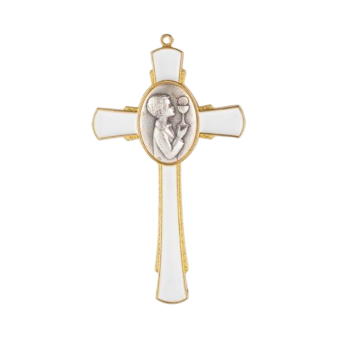Communion White Enamel  with Silver and Gold Boy 5" Wall Cross 12-2541-670