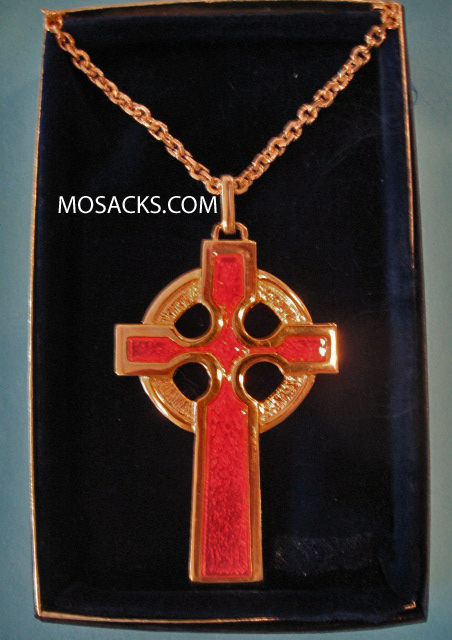 Gold Finish Pectoral Celtic Cross w/Red Inlay and 36" Chain #52080