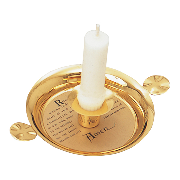 Baptismal Candlestick with Etched Prayer is 24k Gold Plated and Tray measures 4-3/4" Diameter K18