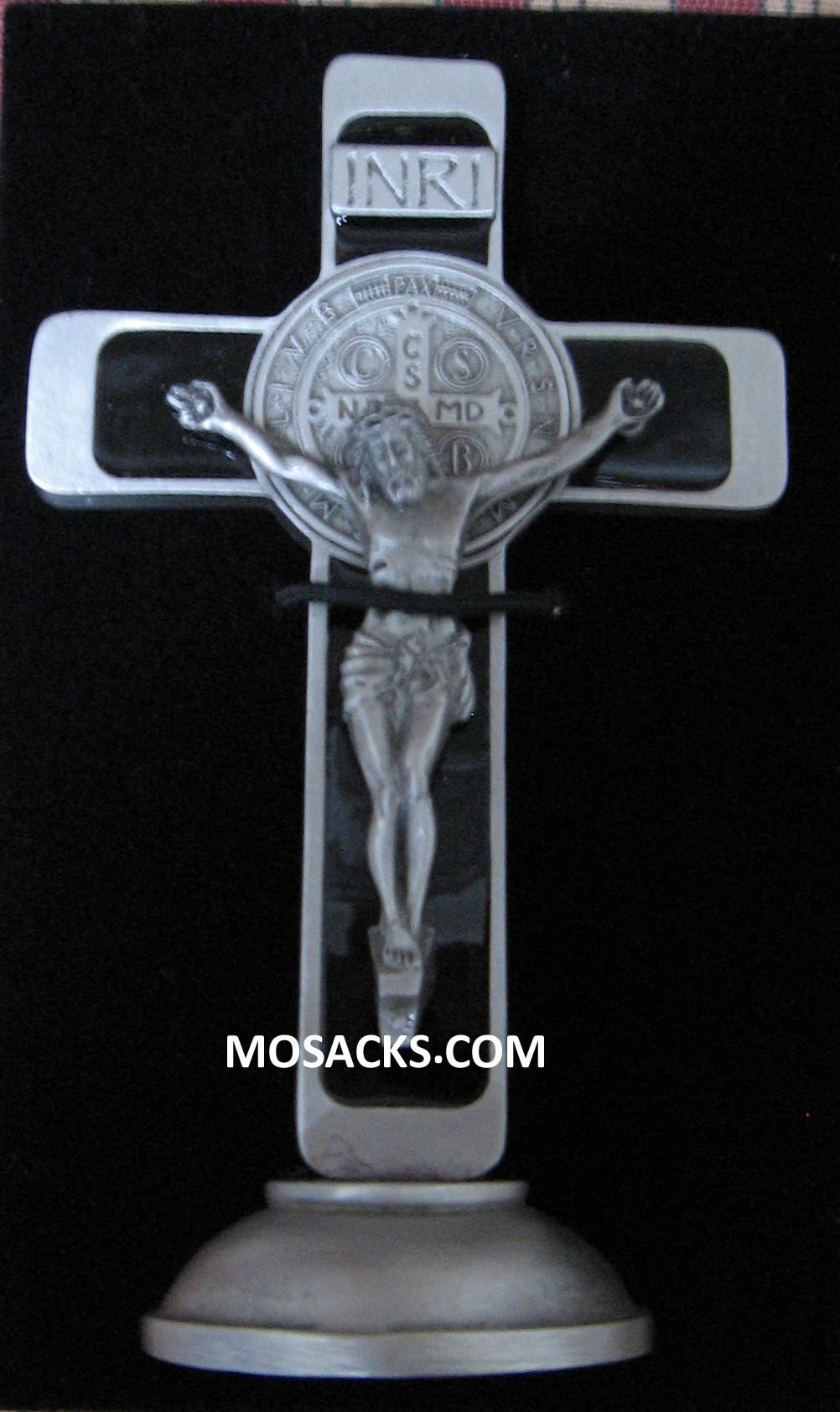 Standing St. Benedict Crucifix in Pewter with Black Epoxy -JC129E is a desktop standing St. Benedict Cross