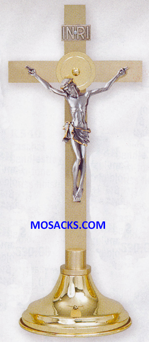 K Brand Solid Brass Altar Crucifix in two-tone finish is 15" high with a 5" base 14-K146  FREE SHIPPING