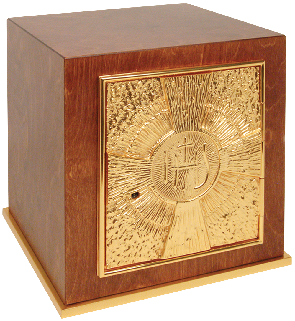 Tabernacle Wood and Gold Plate - 11" High, 10" Width, 10" Dia. K905