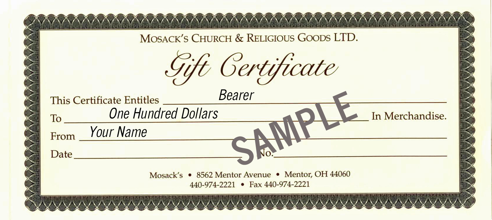 MOSACK'S $100 In-Store Gift Certificate
