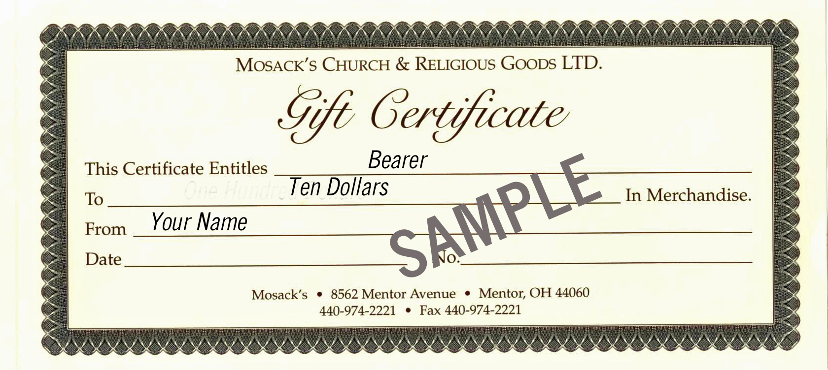 MOSACK'S $10 Gift Certificate