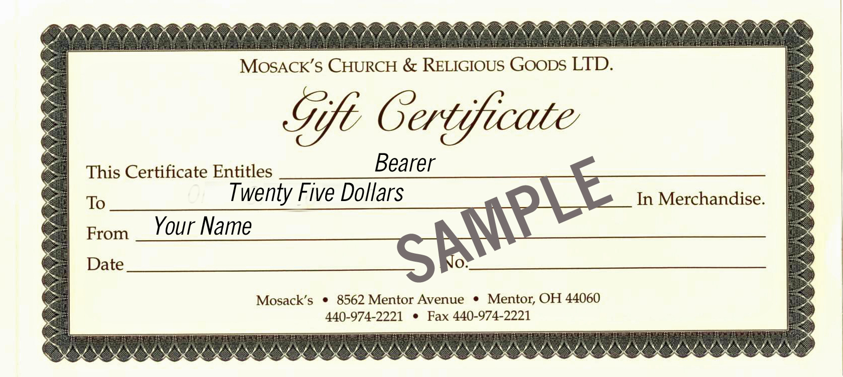 MOSACK'S $25 Gift Certificate