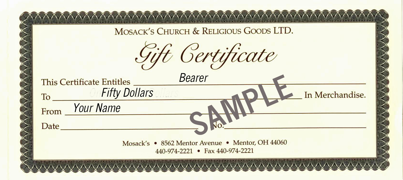 MOSACK'S $50 Gift Certificate