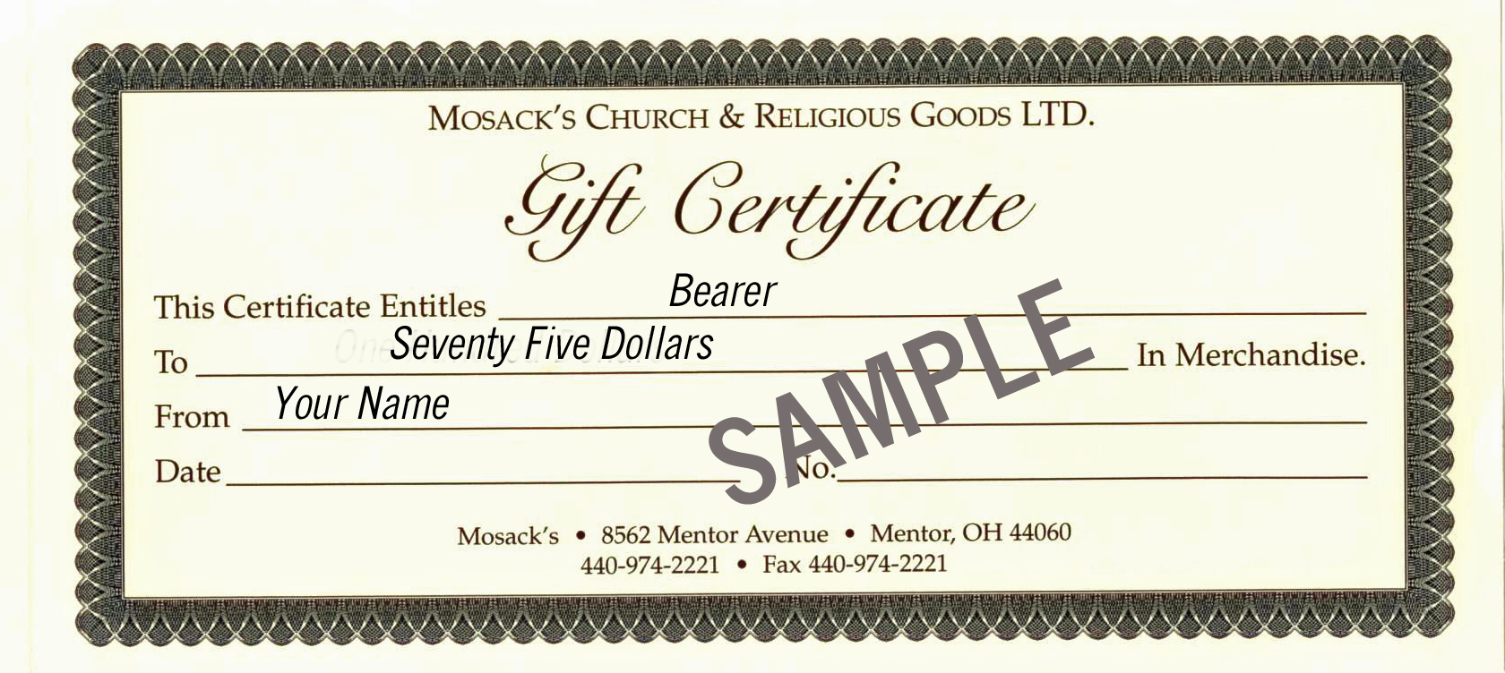 MOSACK'S $75 Gift Certificate