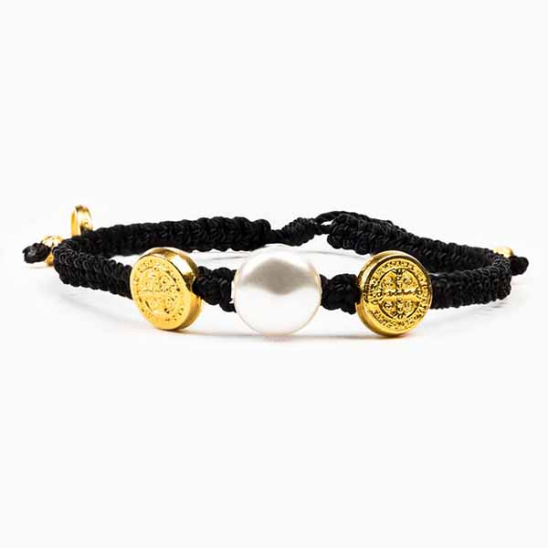 My Saint My Hero Freedom Blessing Bracelet-20082WT with Black cording White Pearl and Gold Tone Medals