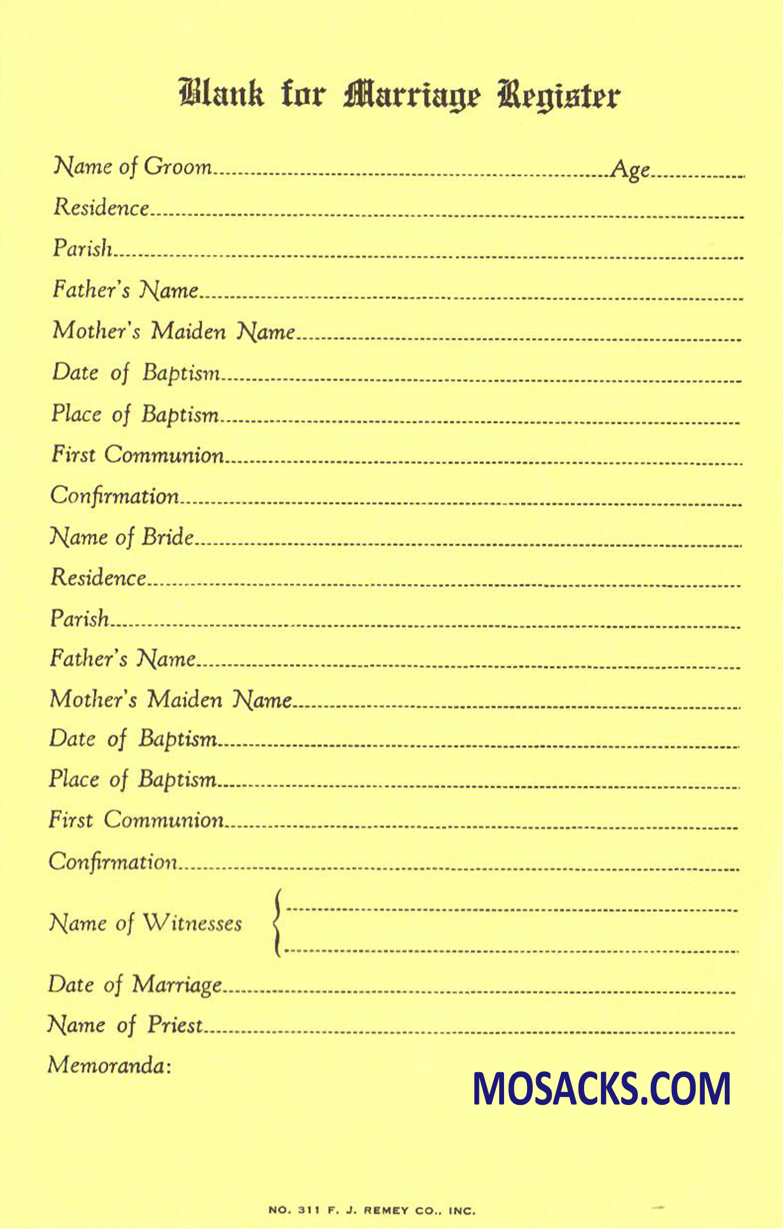 Marriage Register Blanks No.311