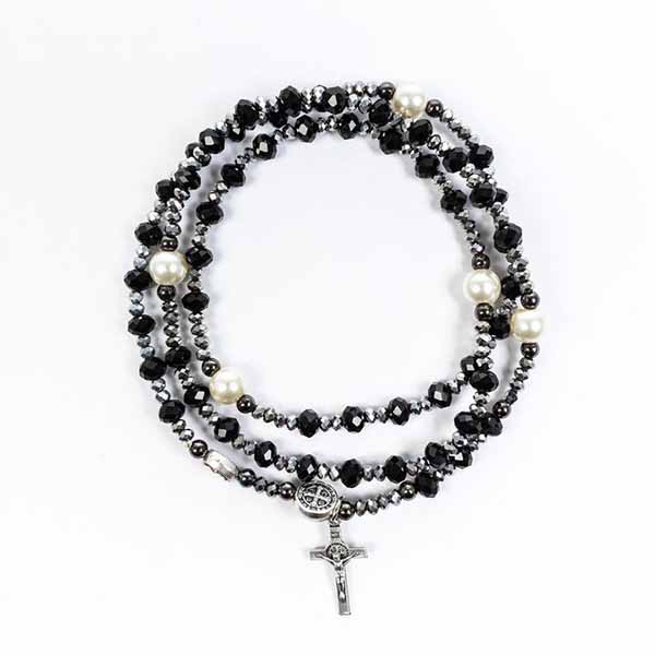 My Saint My Hero Rosary Wrap Black Silver Bracelet-48010RY