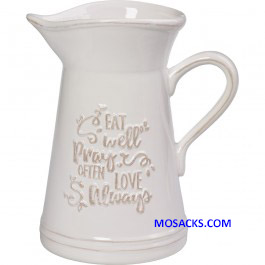 Precious Moments Eat Pray Love Pitcher 8.5"h x 5.25"d 173410 Bountiful Blessings “Eat Well Pray Often Love Always” Ceramic Pitcher  8.5"h x 5.25"d 173410