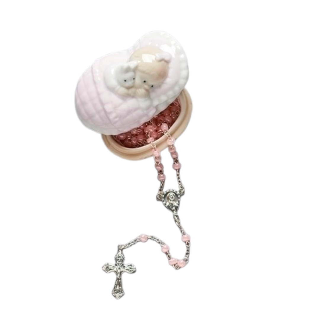 Roman Inc. Girl Porcelain Keepsake Box with Rosary #31009