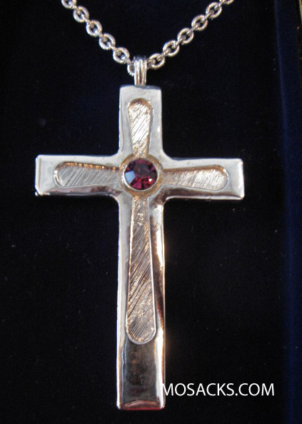 Silver Finish Pectoral Cross w/Center Stone and 36" Chain #52092