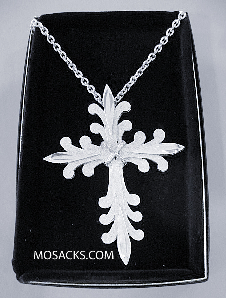 Silver Finish Pectoral Cross in Sculptured Design w/ 36" Chain #5206S