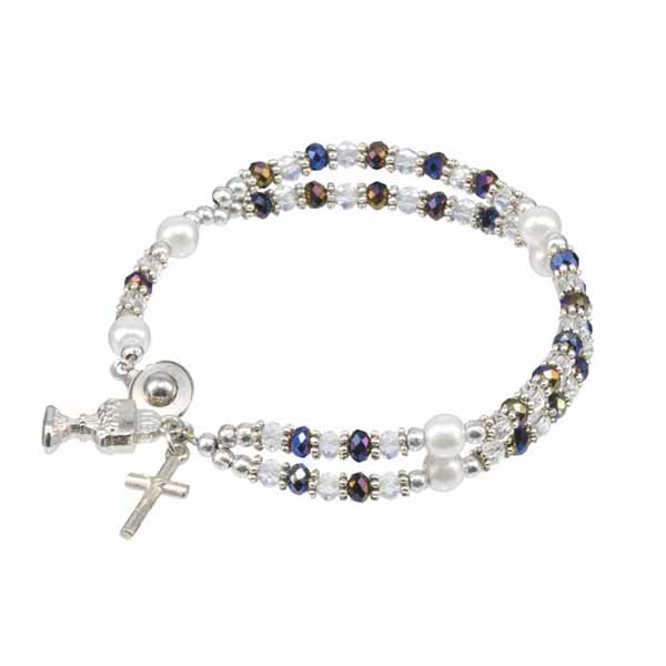  Communion 6mm Aurora Borealis Crystal Rosary Bracelet with Pearl Accent Beads and a Silver Oxidized Crucifix and Chalice medal 12-711BL