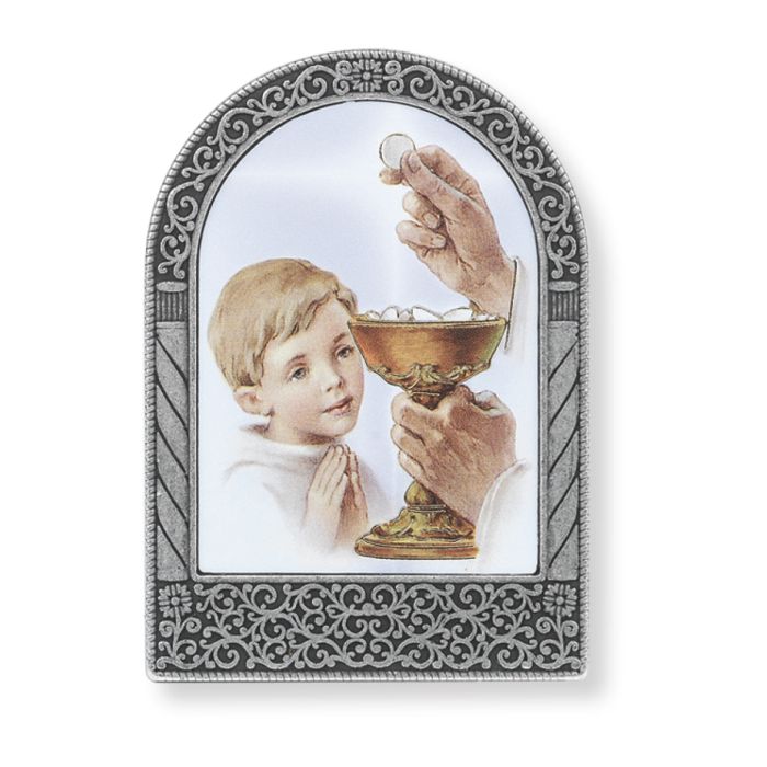 2-3/4" Antique Silver Metal Arched Frame with Gold Embossed Communion Boy image 12-2538-670 holds 2" Photo