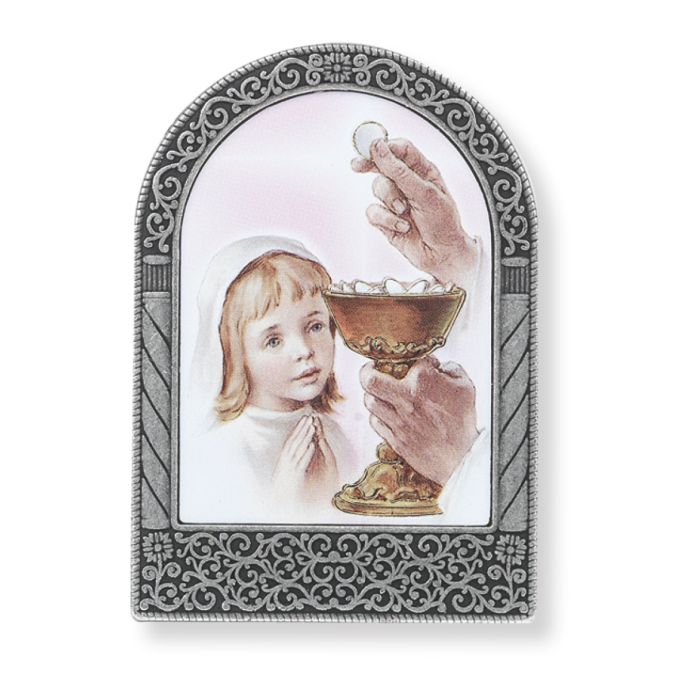 2-3/4" Antique Silver Metal Arched Frame with Gold Embossed Communion Girl image 12-2538-671 holds 2" Photo