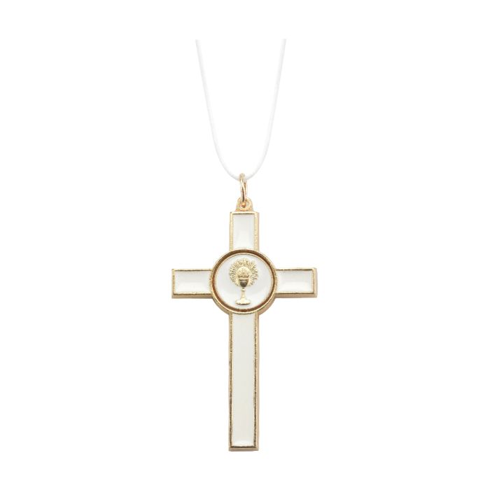 Communion 3 Inch White Enameled Gold Cross 12-2080
