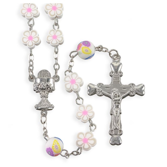 Communion 8mm White Floral Shape Fimo Bead Rosary 12-1702WT