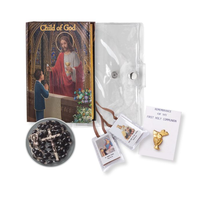 Holy Communion Child Of God Five Piece Communion Gift Set Boy12-5671 is a 5 piece "Cathedral" Edition Missal set