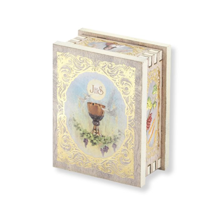 Communion Gold Embossed Wood Rosary Keepsake Box 12-4000W-690