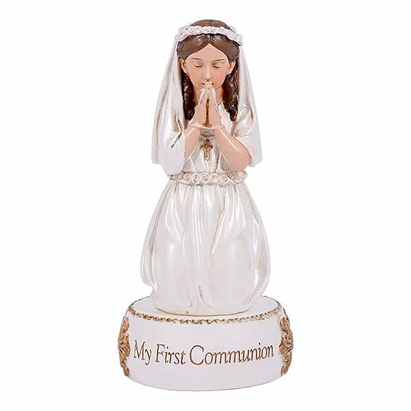 Joseph's Studio figure of Kneeling First Communion Girl on base with the words:  My First Communion. First Communion Joseph Studio Kneeling Girl-41969, Joseph Studio Communion Girl 41969