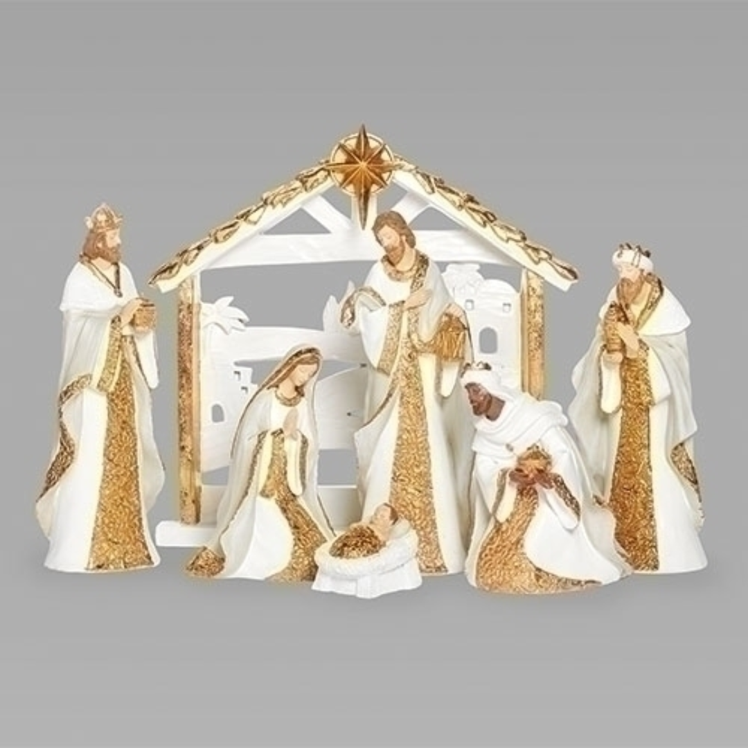 11" White and Gold Nativity Set