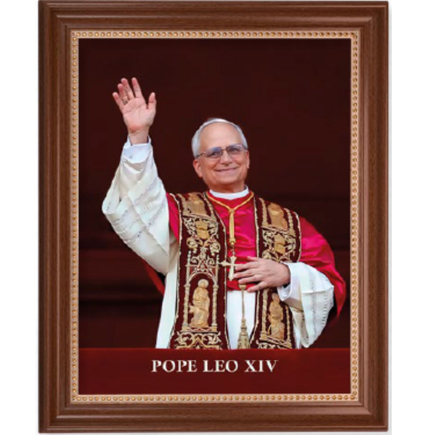 Pope Leo XIV Fine Textured Art Print in Dark Walnut Frame with Gold Inside Lip.
