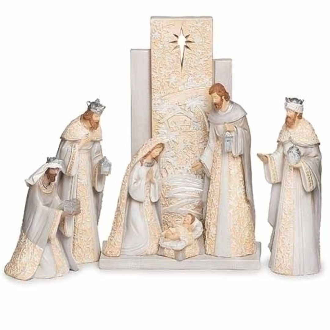 13" Ivory and Gray Nativity Set with Backdrop