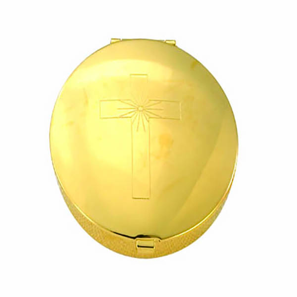 Church Supplies: This is a 24 Kt Gold Plate Pyx with Cross Design and 6 host capacity by Alviti Creations 2216G   Made in USA, this Pyx measures 1-5/8 x 1/2" and has a gold satin finish inside.