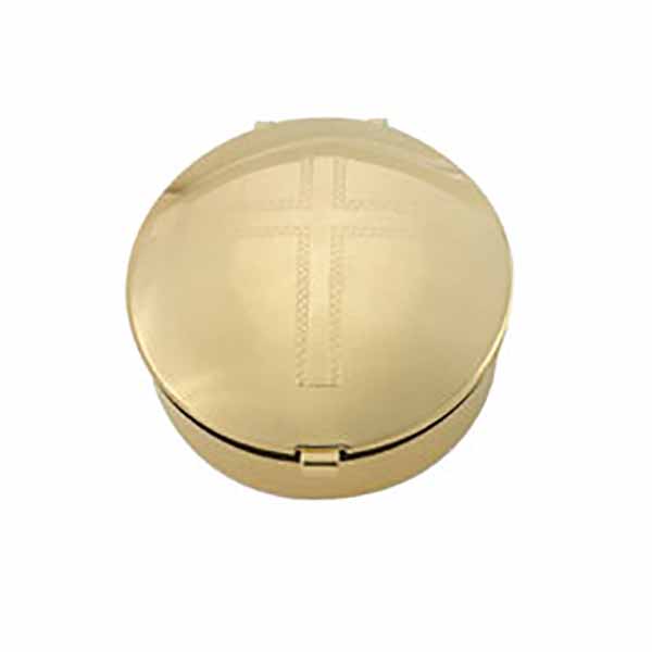 Church Supplies: This is a 24 Kt Gold Plate Pyx with Cross Design and 6 host capacity by Alviti Creations 2217G Made in USA, this Pyx measures 1-5/8 x 1/2"  and has a gold satin finish inside.