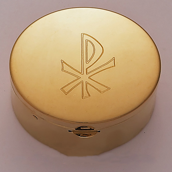 Church Supplies: This is a 24 Kt Gold Plate Pyx with Chi Rho design engraved on the lid of the Pyx and 15 Host capacity by Alviti Creations 2234G.    Made in USA, this Pyx measures 2-1/4 x 1-3/8" and has a Satin Finish Inside