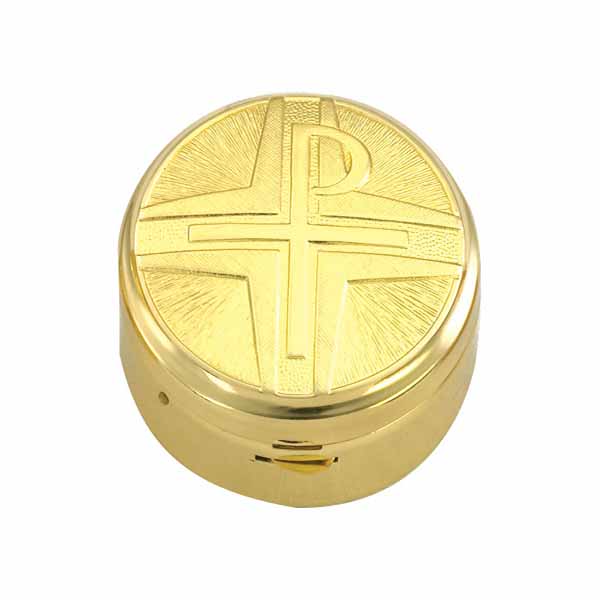 Church Goods: This is a 24 Kt Gold Plate with simple Chi Rho Cross design Pyx and 12 Host capacity by Alviti Creations 3252G.    Made in Europe, this Pyx measures 2-1/4 x 1-1/8" and has Satin Finish Inside