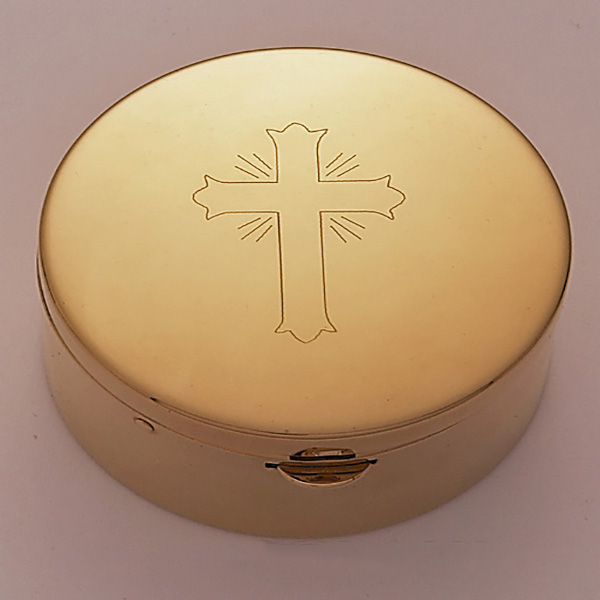 Church Supplies: This is a 24 Kt Gold Plate with Cross design Pyx and 15  Host capacity by Alviti Creations 9847G.    Made in USA, this Pyx measures 2-1/4 x 1-3/8" and has Satin Finish Inside.