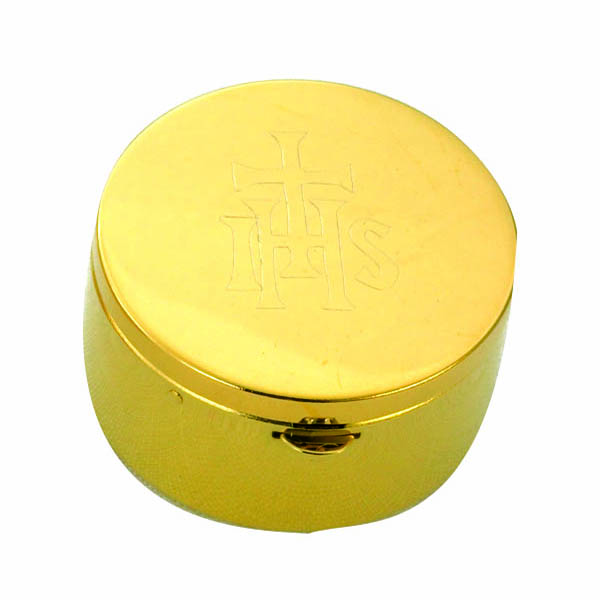 Church Supplies: This is a 24 Kt Gold Plate IHS & Cross design Pyx with a 15 Host capacity by Alviti Creations 2230G.  Made in USA, this Pyx measures 2-1/4 x 1-3/8" and has Satin Finish Inside
