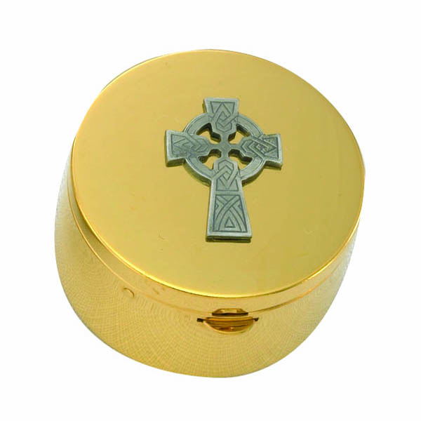 Church Supplies: This is a 24 Kt Gold Plate with Silver Celtic Cross Pyx and 20 Host capacity by Alviti Creations 9848G.  2-1/4 x 1-3/8"  Made in USA, this Pyx measures 2-1/4 x 1-3/8" and has Satin Finish Inside