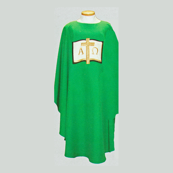Beau Veste Cross and Alpha & Omega on Book design Chasuble-2015A Design is embroidered on the front and back