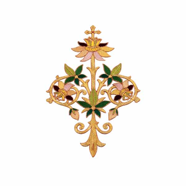Hand Embroidered Gold Metallic Beau Veste Applique Floral Cross 10-1470