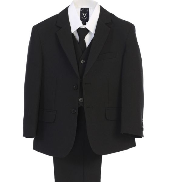 Boys 5 piece Black Poly Poplin suit with garment bag