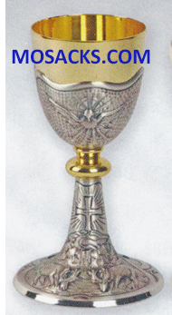 Chalice - Gold Plated and Oxidized Silver Chalice with Holy Spirit and Grapes with Leaf design measures 8-1/4" H with 3-1/2" dia Cup with 9 oz. capacity Base is 4-3/4"  14-K915 
